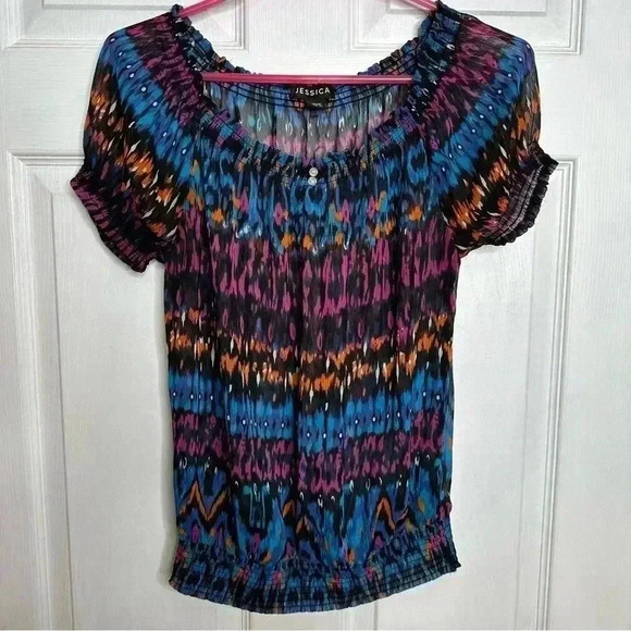 Jessica Sheer Blouse Short Sleeved Off The Shoulder Colourful Elastic  Size XS - Picture 1 of 16